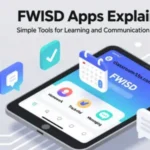 My FWISD Apps 2025 dashboard with Google Classroom, Skyward, Seesaw icons and users (students, parents, teachers) in the background.